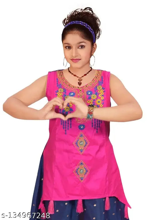 Blue satin maxi dress with traditional computer embroidery, 3-15 years sizes, Indian festivals occasionwear