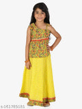 Yellow and red printed cotton one-shoulder lehenga choli for girls, checked pattern with long sleeves, ready-to-wear fashion from Superminis, suitable for 2-3 years old