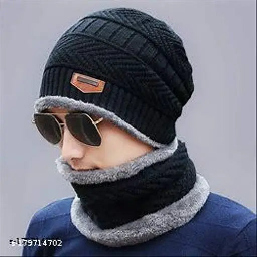 Multicolor woolen windproof winter cap and balaclava set (black, navy, grey) - soft, fur-patterned combo set of 3 for cold weather protection