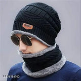 Multicolor woolen windproof winter cap and balaclava set (black, navy, grey) - soft, fur-patterned combo set of 3 for cold weather protection
