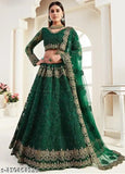 Dark Green Embroidered Lehenga Choli with dupatta for women's traditional Indian wear, featuring heavy embroidery on net fabric