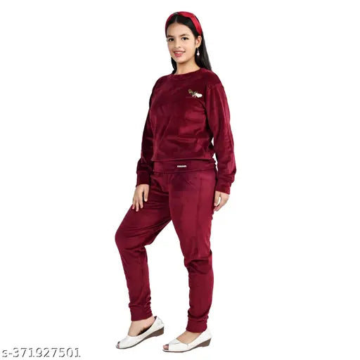 Pink wool two-piece winter set for girls, solid pattern long sleeve corded sweatshirt