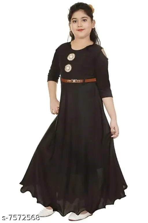 Girls black cotton blend ethnic gown, single pack with sizes ranging from 2-3 years to 9-10 years, ideal for party wear