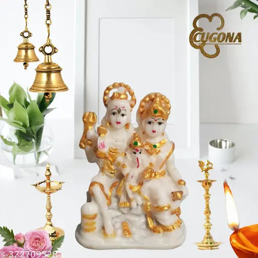 White marble Shiv Parivar statue with golden details, showcasing Shiva, Parvati, and their family. 4 inch height