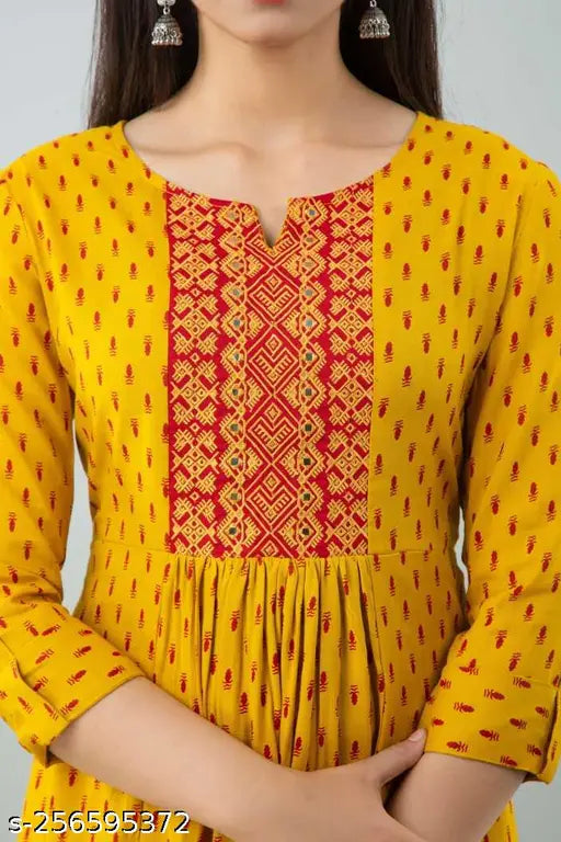 Yellow rayon Anarkali with three-quarter sleeves, printed combo pattern for women, India origin