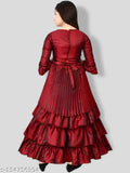 Silk blend ethnic party gown for girls, solid net, three-quarter sleeves. Indian traditional wedding wear