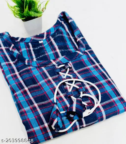 Double blue woolen check kurti, three-quarter sleeves, for women's ethnic wear