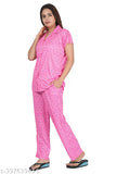 RILO Women's hosiery cotton night suit top and pyjama set with pocket, featuring short sleeves and a printed net design. Comfortable and stylish bedroom wear made in India