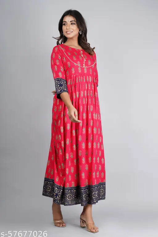 Jaipuri Collection printed rayon flared kurta, three-quarter sleeves, vibrant Indian fashion on mannequin