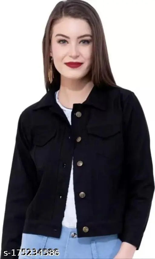 Black denim jacket, long sleeves, solid pattern for kids aged 12-16 years. Made in India