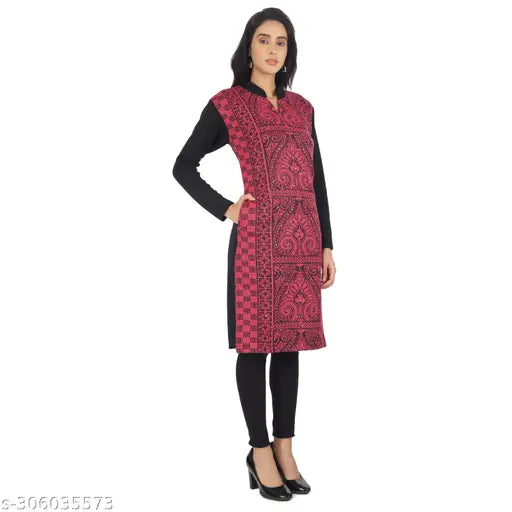 Trendy women's woolen kurta, long-sleeved printed combo, single size M (bust size 18in), made in India