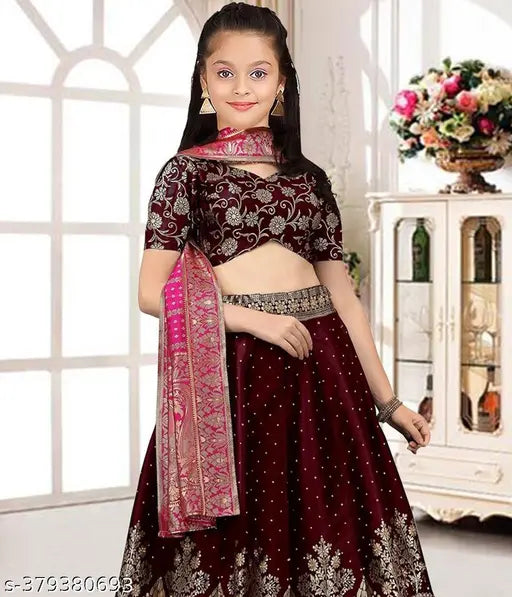 Girls' art silk lehenga choli with jacquard woven design, short sleeves, and matching dupatta in silk. Indian traditional party wear for 5-12 years old (sizes available: 5-6 years, 6-7 years, 7-8 years, 8-9 years, 9-10 years, 10-11 years, 11-12 years, 12-13 years)