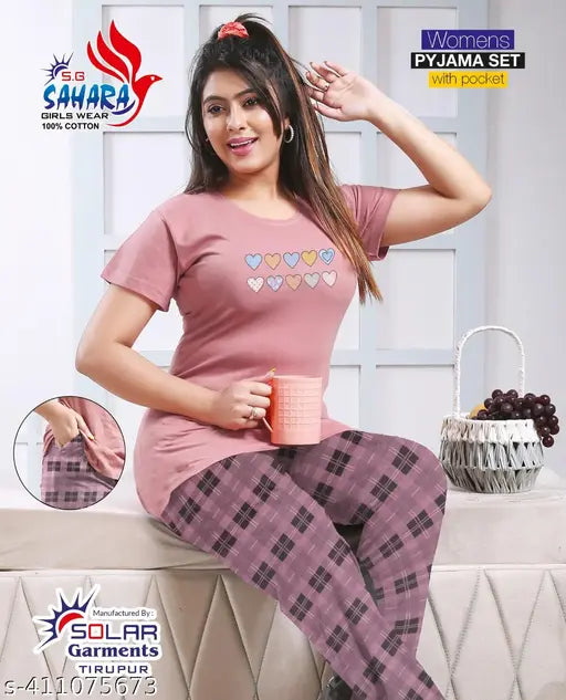 Pink cotton maxi pyjama set with pocket, Ismail Apparels women's sleepwear for 10-20 years