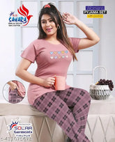 Cotton pink pyjama set with pocket, Ismail Apparels women's maxi style - perfect for sleepwear, Indian-made