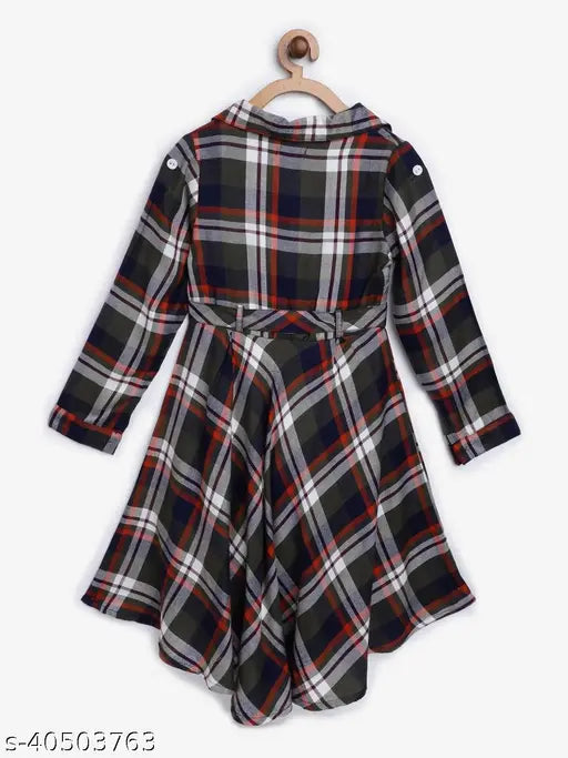 Red, black, grey, and white checked cotton blend long sleeve dress with belt for 4-5 years (bust size: 26in), girls shirt dress by Mustmom, India's trusted baby care brand