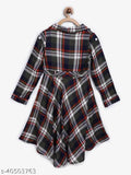 Red, black, grey, and white checked cotton blend long sleeve dress with belt for 4-5 years (bust size: 26in), girls shirt dress by Mustmom, India's trusted baby care brand