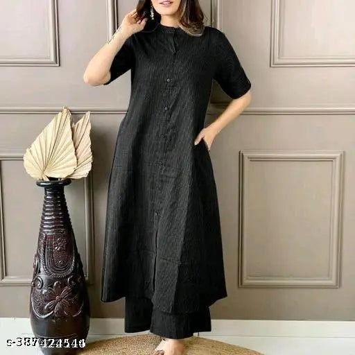 Traditional cotton katha long kurti pant set for women, printed combo, three-quarter sleeves, heavy katha work - Indian ethnic wear on display