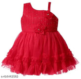 Pink net one-shoulder party dress for baby girls, embellished knee-length net design, size 2-3 years