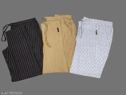 Cotton printed pants combo for women, 3 pack in M, L, XL/XXL. Versatile trousers for girls' wardrobe refresh