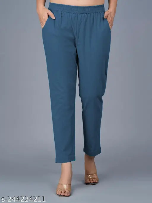 Teal blue and grey cotton trouser pants pair from Quaclo, solid pattern, women's sizes 28-38 (India origin)