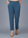 Teal blue and grey cotton trouser pants pair from Quaclo, solid pattern, women's sizes 28-38 (India origin)