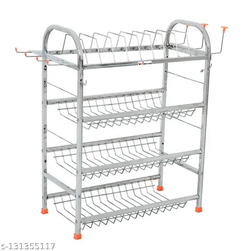 Stainless steel kitchen organizer (24x18 inch), modular 4-shelf rack for plates and cutlery