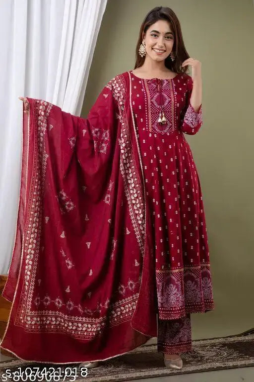 Rayon Anarkali Kurti Set with Duppata and Bottomwear, vibrant printed women's clothing for special occasions on display, India-made