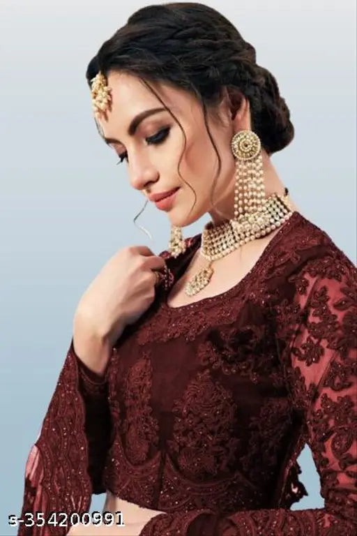 Embroidered Maroon Semi-Stitched Lehenga Choli with Net Fabric, Indian bridal wear on mannequin