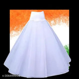White nylon and organza hoopskirt for ball gowns and lehengas, features one steel hoop and two tulle layers with lace hem. Adjustable elastic waist, approximately 35.43" high and 25.2" in waist diameter. Includes one crinoline petticoat, suitable for sizes XS-XXL. Indian origin