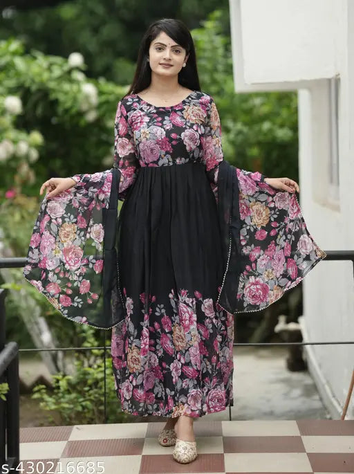 Black Georgette digitally printed floral gown & Duppata set, long sleeves, size N