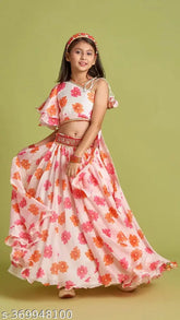 Georgette printed crop top & lehenga set for kids, vibrant Indian fashion for 2-8 years