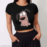 Black cotton blend crop top with funky puppy print, stylish short sleeves, ideal for women's casual wear. Sizes available: S (36in bust, 17in length), M (38in bust, 17in length), L (40in bust, 18in length), XL (42in bust, 19in length). Made in India