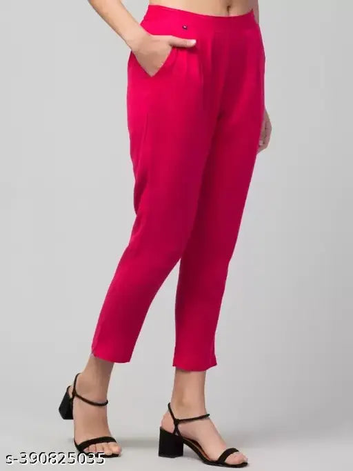 Women's pink cotton blend regular fit trousers, solid color design, versatile for any occasion