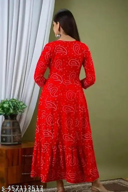 Printed rayon three-quarter sleeve Rad Amrela anarkali dress, vibrant embroidery on Indian Bandhani pattern