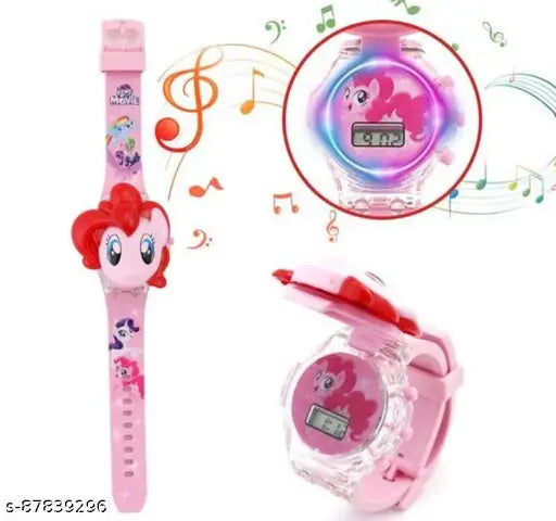 HTM Baby Pink Unicorn LED Glow Digital Watch with Music, multi-color dial, silicone band, suitable for ages 3+, durable build, easy to buckle strap