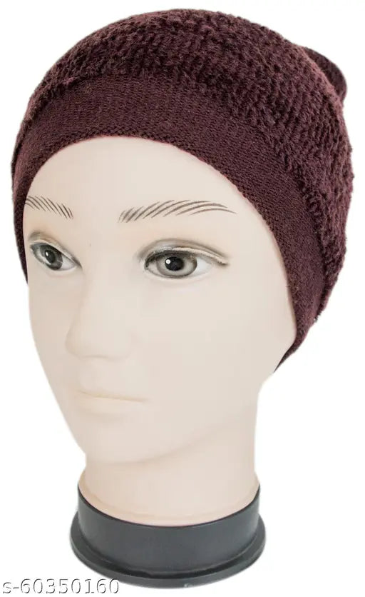 Dark brown woolen beanie cap for men & women, solid pattern, made in India