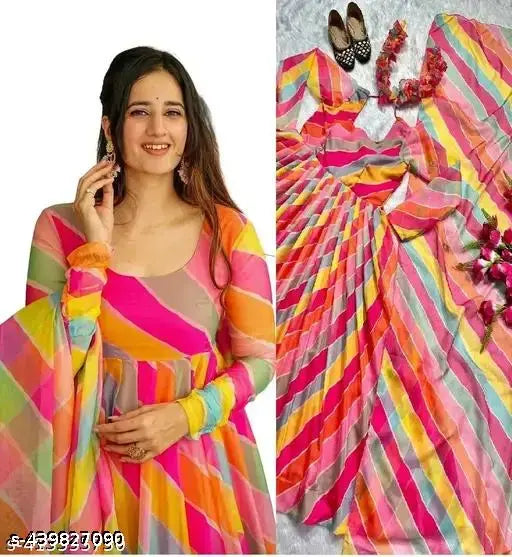 Striped Georgette long-sleeved women's dress (N-XXXL), India-made fashion on hanger