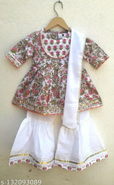 Cotton printed anarkali sharara with dupatta set for little girls, summer party wear
