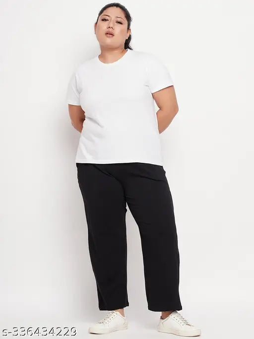 Black cotton plus size women's lounge pyjama combo with elastic waistband and drawstring, featuring 2 side pockets. Premium quality Indian-made cotton blend for comfortable nighttime wear and lounging