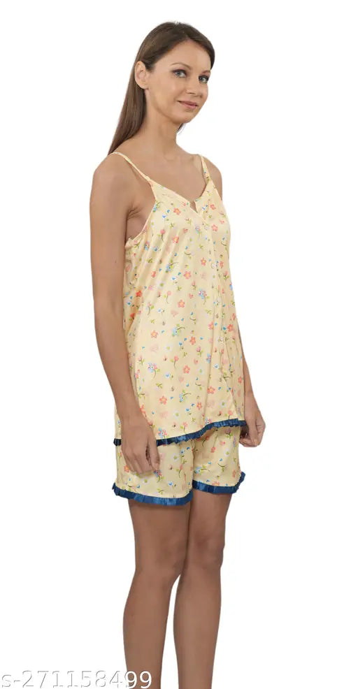 Women's yellow poly silk shorts set, printed net, sleeveless, ideal for sleep or lounge wear
