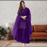 Purple rayon Diwali shopping set: Sarara shut kurti with dupatta and plazo, embellished three-quarter sleeve for women, India