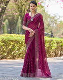 Georgette pink saree with embellished blouse piece, free size, 5.3m length, India origin