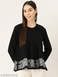 Black rayon pleated tie-dye top, solid net, long sleeves, scoop neckline, curved hemline