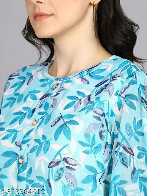 Skyblue Georgette women's top, printed floral design, three-quarter sleeves, round neck, India origin