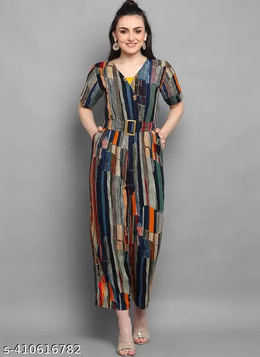 Multi-color rayon jumpsuit, vibrant printed design for western wardrobe, perfect for any season
