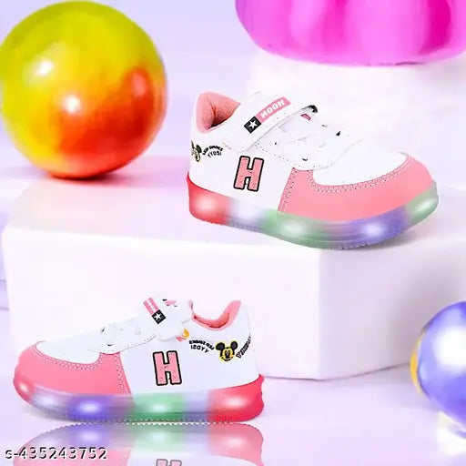 Pink synthetic leather LED light shoes for kids, waterproof, lightweight, easy to wear - unisex design for ages 0-5 years, perfect for night outings