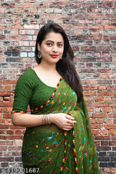 Vibrant Georgette saree fabric with rainbow border, single free size (5.5m/0.8m), Indian-origin printed blouse fabric