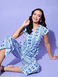 Blue cotton linen printed net V-neck jumpsuit by StyleStone (close-up)