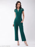 Green polyester v-neck jumpsuit with short sleeves, sequin embellishments, and zipped closure – Miss Chase women's solid style from India