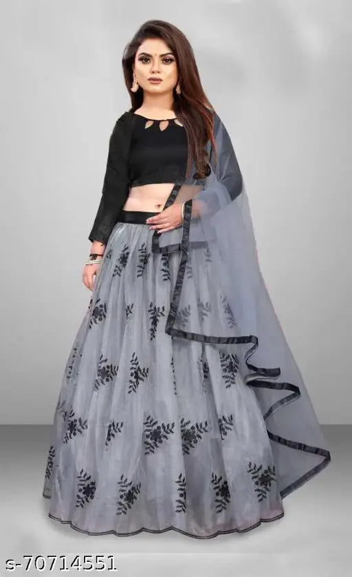 Silk & net Indian embroidered Lehenga choli with lace dupatta, free size (LW: 44in, LL: 44in, DL: 2in)